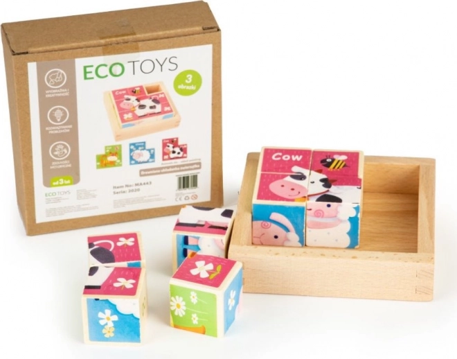 Blocs en bois avec animaux ECOTOYS, 8 blocs