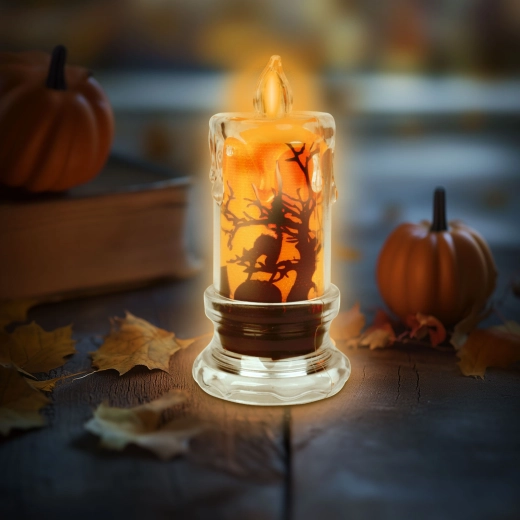 Bougie LED d’Halloween avec chauve-souris et lumière orange