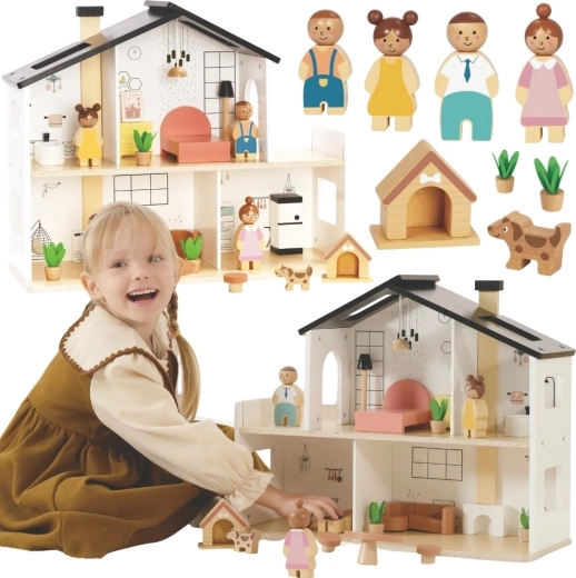 Maison de poupées en bois Tooky Toy avec accessoires et famille (20 pièces)