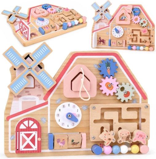 Tableau d’activités en bois ferme avec labyrinthe sensoriel