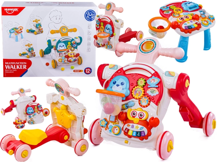 Trotteur multifonction pour enfants 4-en-1 avec table éducative, porteur et trottinette – rose