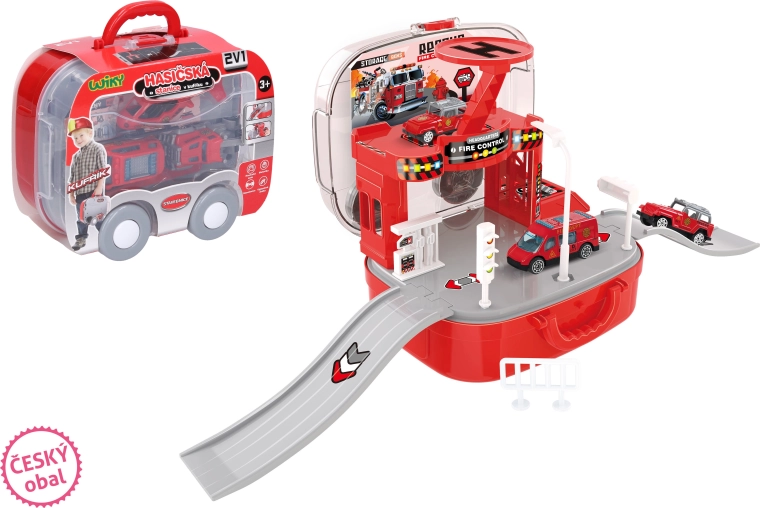 Caserne de pompiers portable en valise avec voitures et hélicoptère