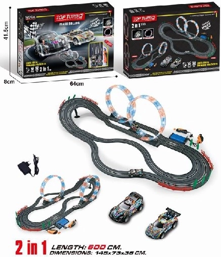 Circuit de course 2-en-1 avec loop, 2 voitures, 600 cm, 1:43