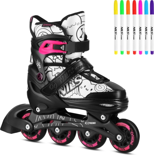 Patins réglables pour enfants 4-en-1 avec feutres NILS Extreme Tinty – roses – S (31-34)