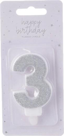 Bougie d’anniversaire chiffre 3 argentée 7 cm
