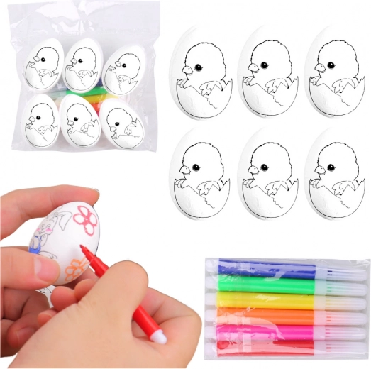Œufs de Pâques en polystyrène à peindre avec feutres, poussin dans l’œuf, 6 pcs
