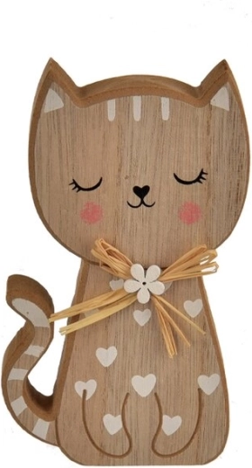 Décoration en bois chat avec petits cœurs marron-blanc 15 cm