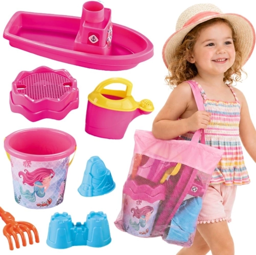 Woopie set pour le sable et l’eau avec petit bateau et sac rose – 9 pièces