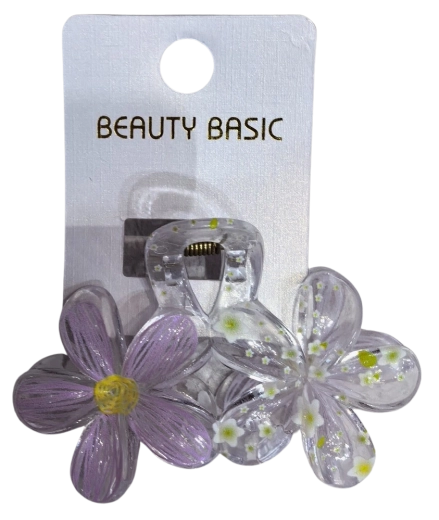Pince à cheveux PINK transparente avec deux fleurs violettes