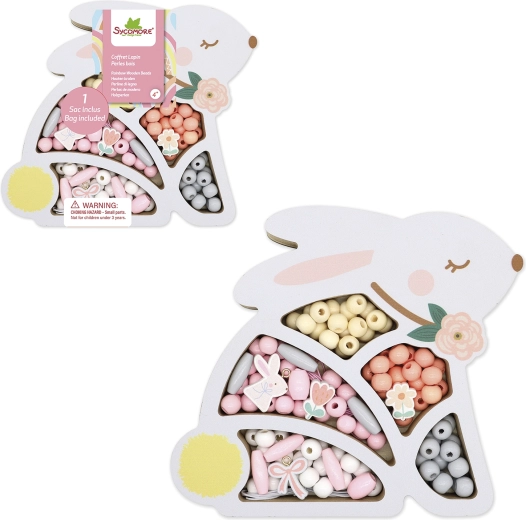 Perles en bois pastel dans une boîte lapin