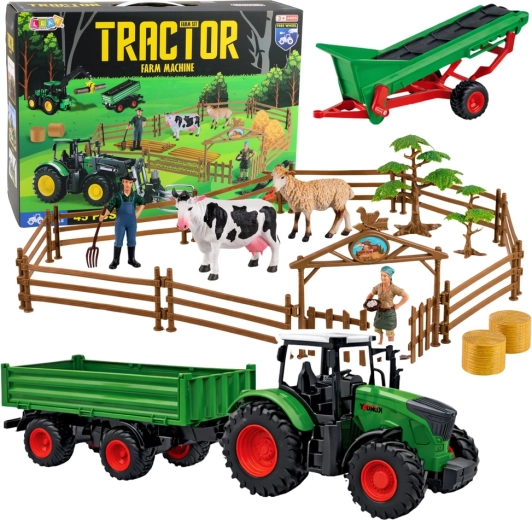 Grande ferme – tracteur avec remorque, animaux et fermiers, 45 pièces