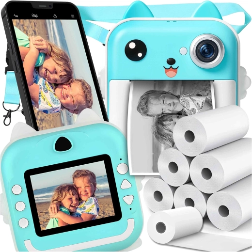 Appareil photo pour enfants avec impression thermique instantanée et 6 rouleaux de papier – bleu