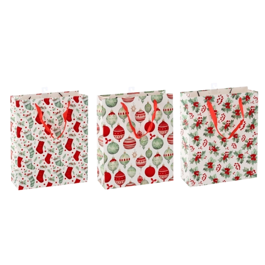 Sac cadeau de Noël – assortiment de motifs traditionnels, 26 × 32 × 10 cm (lot de 12 pièces)