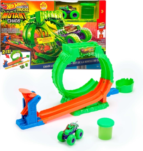 Hot Wheels Monster Trucks mutant chaos défi boucle du chaos avec slime et petite voiture Wreckin' Wolf