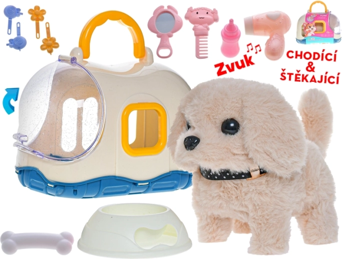 Chiot en peluche interactif avec caisse de transport 19 cm