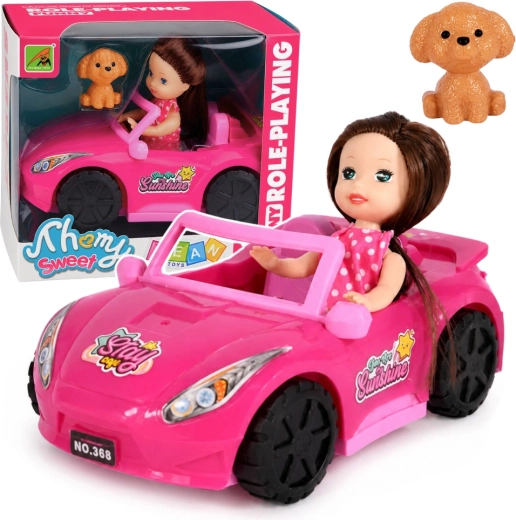 Mini poupée dans un cabriolet rose avec un petit chien