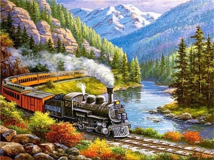 Peinture diamant – train dans une vallée de montagne 30 × 40 cm