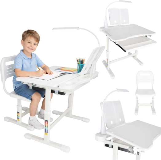 Bureau d’enfant évolutif avec chaise et lampe LED, blanc