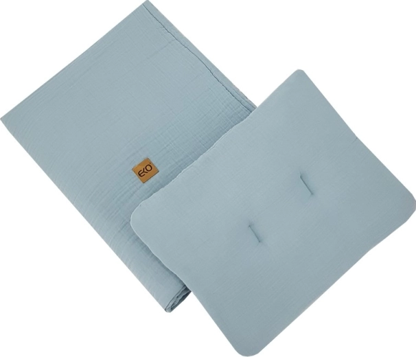 Ensemble en mousseline Eko pour lit bébé bleu (oreiller 30 × 40 cm, couverture 75 × 100 cm)