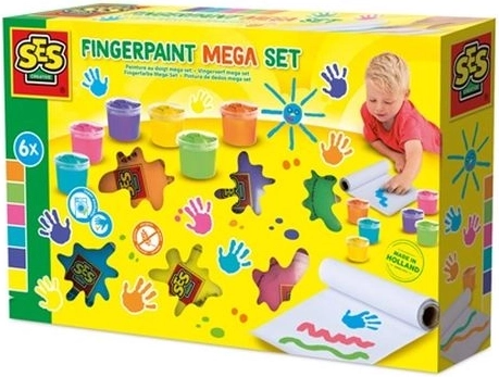 SES Creative méga set de peinture au doigt avec 6 couleurs de 110 ml et papier 2 m