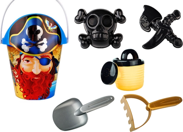 Set pirate pour le sable – seau, arrosoir, tamis et moules (6 pièces)