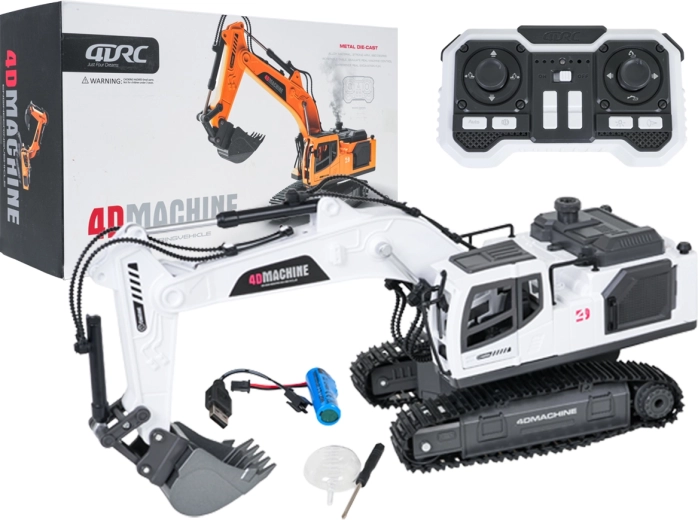 Excavatrice R/C sur chenilles télécommandée avec fumée, lumières et son – blanche