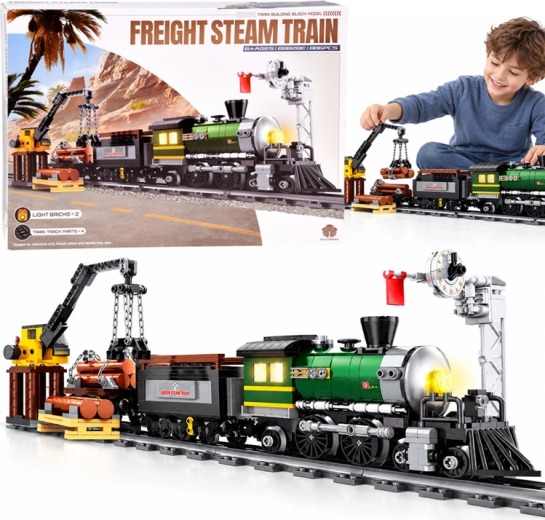 Kit de construction de train à vapeur lumineux avec wagon et grue