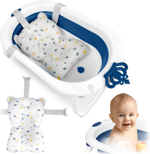 Baignoire pliante pour enfants avec insert nouveau-né, blanc‑bleu