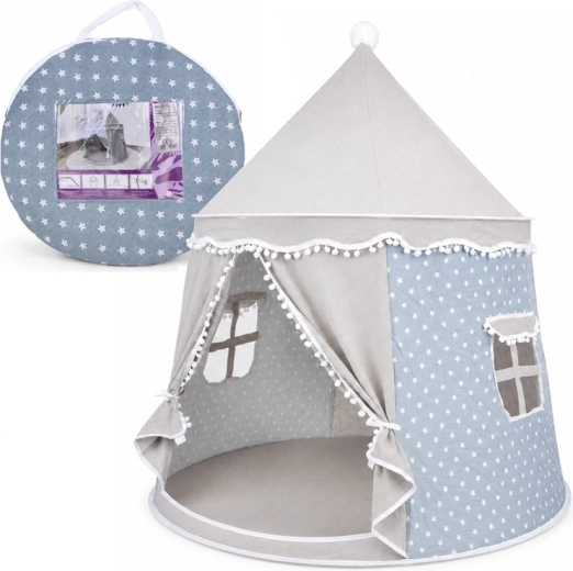 Tente de jeu pliable pour enfants en forme de maisonnette, grise avec des étoiles