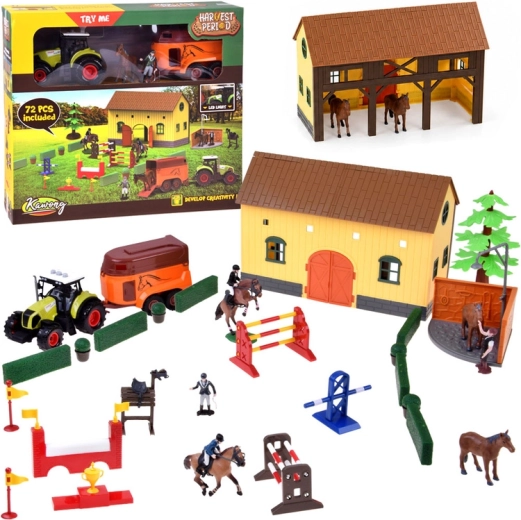 Jardin pour chevaux avec écurie, tracteur avec remorque et figurines