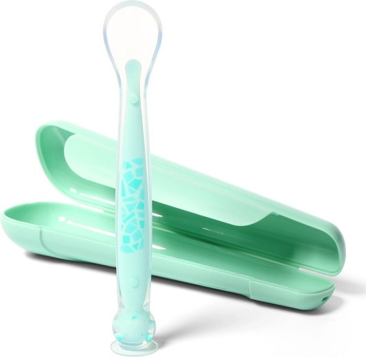 BabyOno cuillère en silicone avec ventouse et étui de voyage, menthe, 6m+