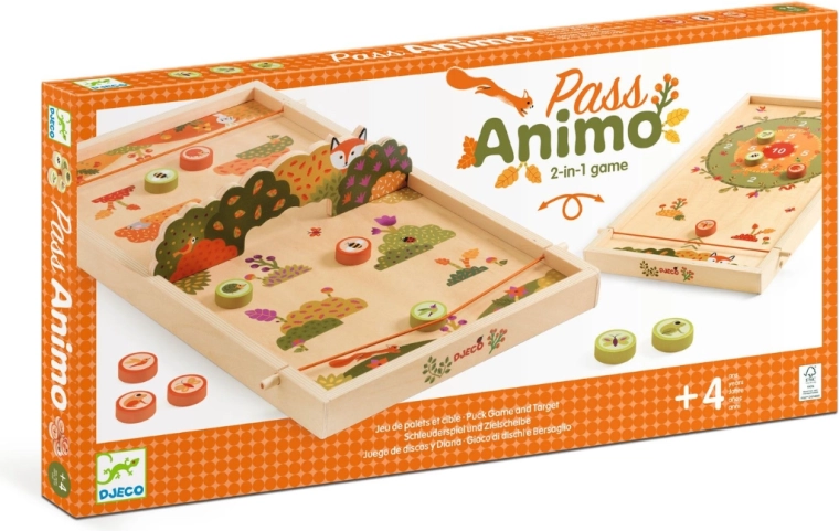 Djeco jeu de table Pass Animo – jeu en bois recto-verso de pichenette et pêche aux jetons