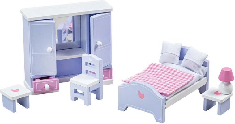 Chambre en bois Tidlo pour maison de poupées, couleurs pastel violet‑bleu