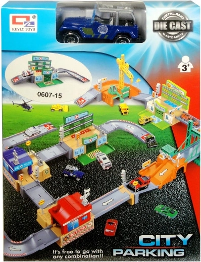 Parking urbain avec petite voiture en métal et accessoires
