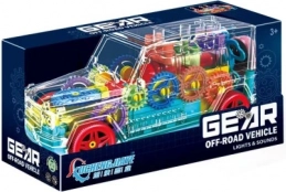 voiture tout-terrain transparente avec engrenages et effets lumineux