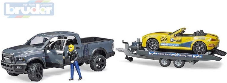Véhicule tout-terrain RAM Bruder avec voiture de sport et figurine