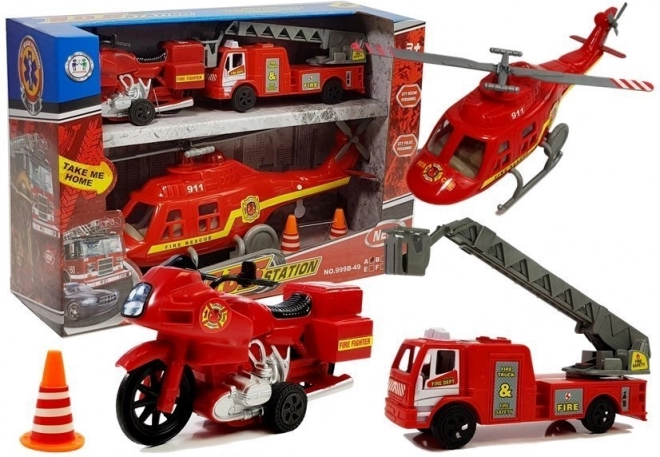 Set de véhicules de pompiers avec hélicoptère, camion de pompiers et moto avec lumières et sons