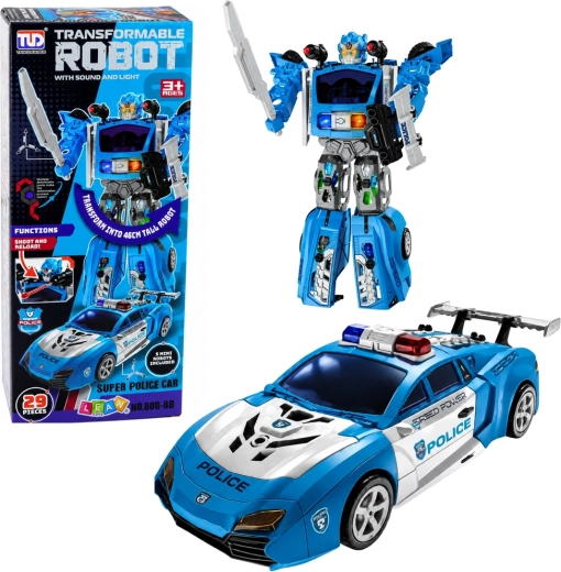Robot policier 2-en-1 avec voiture de police sportive, lumières, sons et lanceur – 29 pièces