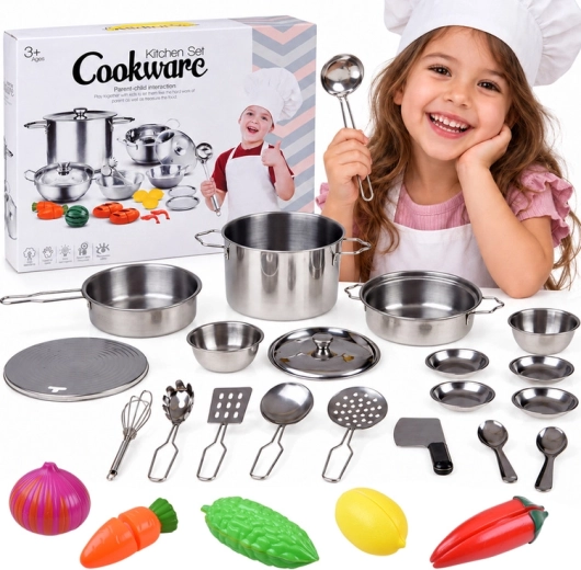 Set de cuisine métallique pour enfants avec vaisselle et aliments à découper