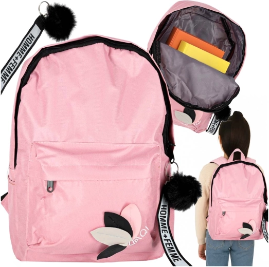 Sac à dos scolaire rose avec pompon décoratif