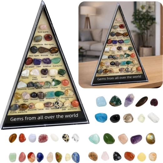 Kit éducatif – collection de minéraux naturels, 36 pièces, dans une vitrine triangulaire