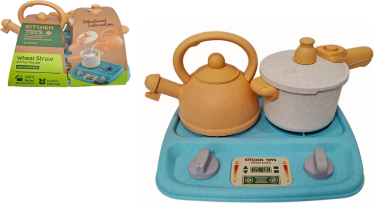 Set de cuisine avec réchaud, petite théière et casserole en paille de blé
