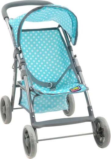 Poussette canne pour poupée, coloris menthe mat à pois, avec panier