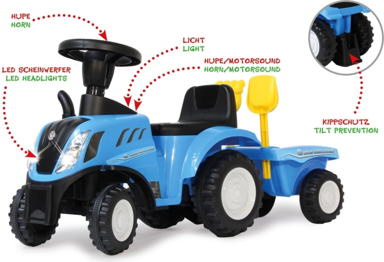 Porteur enfant New Holland T7 avec remorque 2 en 1, bleu