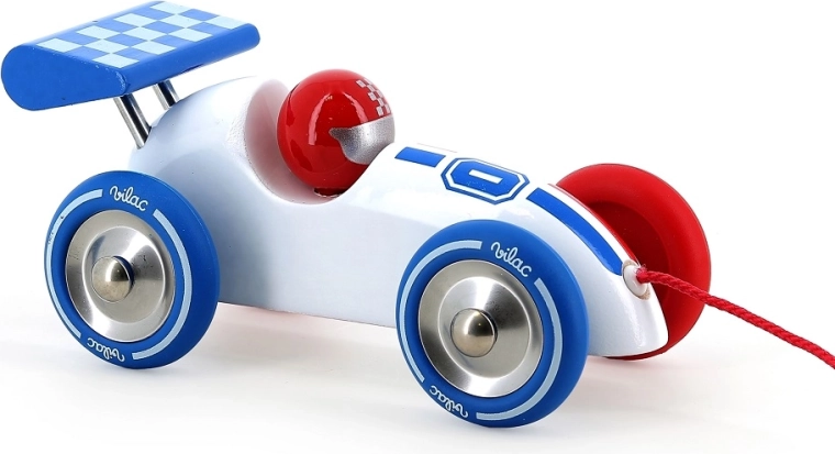 Voiture de course à tirer Vilac tricolore (blanche avec aile bleue)