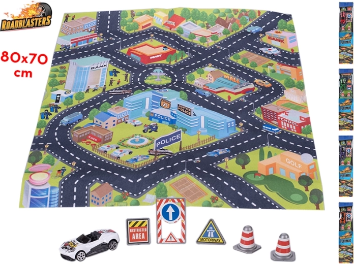 Tapis routier Roadblasters 80 × 70 cm avec petite voiture et panneaux