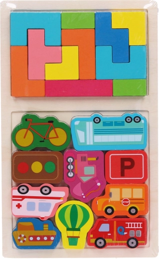 Puzzle à encastrer en bois avec formes et moyens de transport