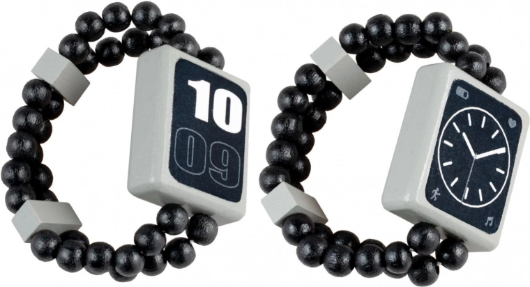 montre pour enfants en bois, double face, sur élastique, noire