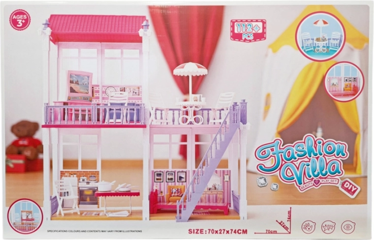 Maison de poupées à étages avec meubles et accessoires, 112 pièces