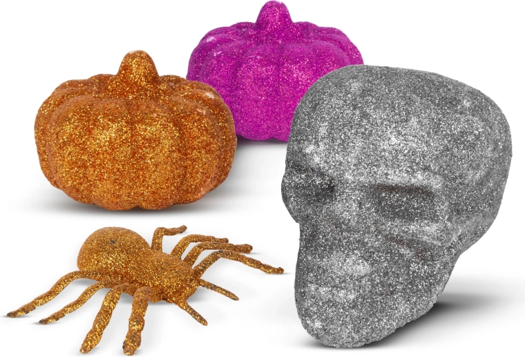 Set de décoration d’Halloween pailleté avec araignée, crâne et citrouilles